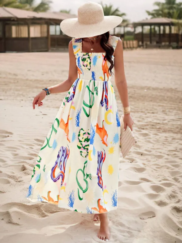 Geometric Print Maxi Dress with Smocked Bodice and Cross Front