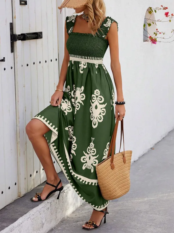 Geometric Print Maxi Dress with Smocked Bodice and Cross Front