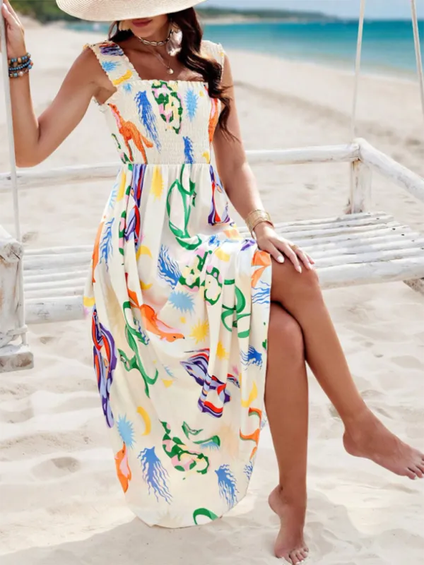 Geometric Print Maxi Dress with Smocked Bodice and Cross Front