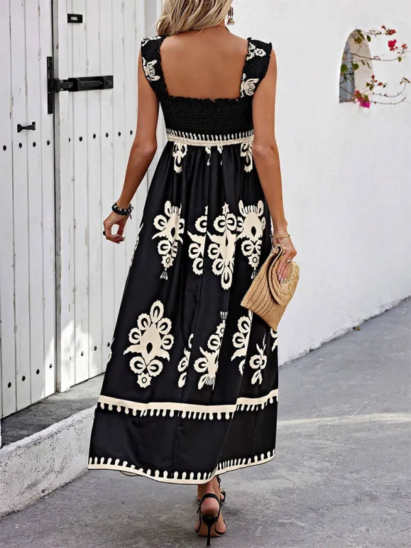 Geometric Print Maxi Dress with Smocked Bodice and Cross Front