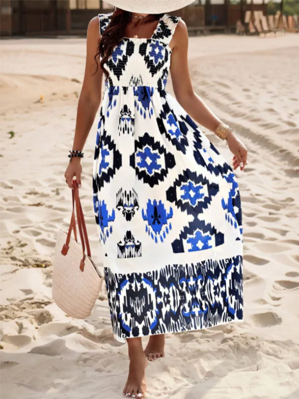 Geometric Print Maxi Dress with Smocked Bodice and Cross Front