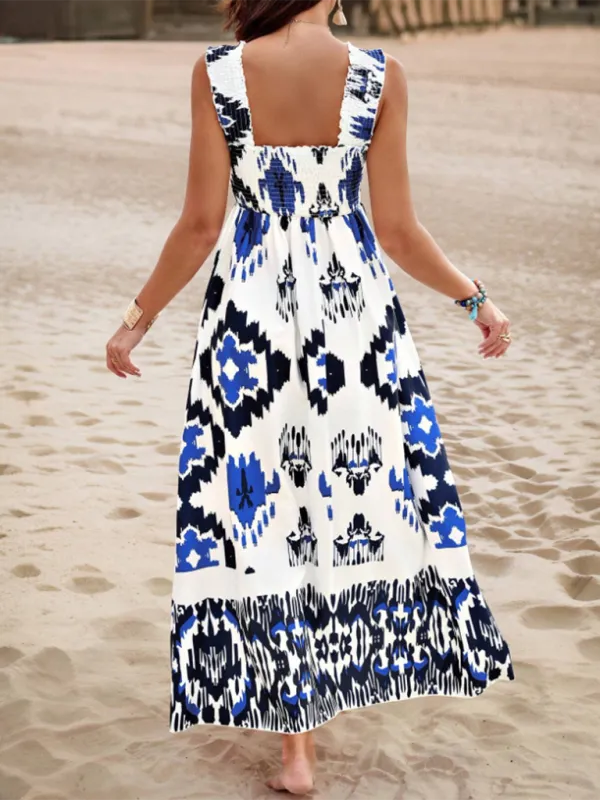 Geometric Print Maxi Dress with Smocked Bodice and Cross Front