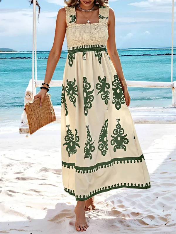 Geometric Print Maxi Dress with Smocked Bodice and Cross Front