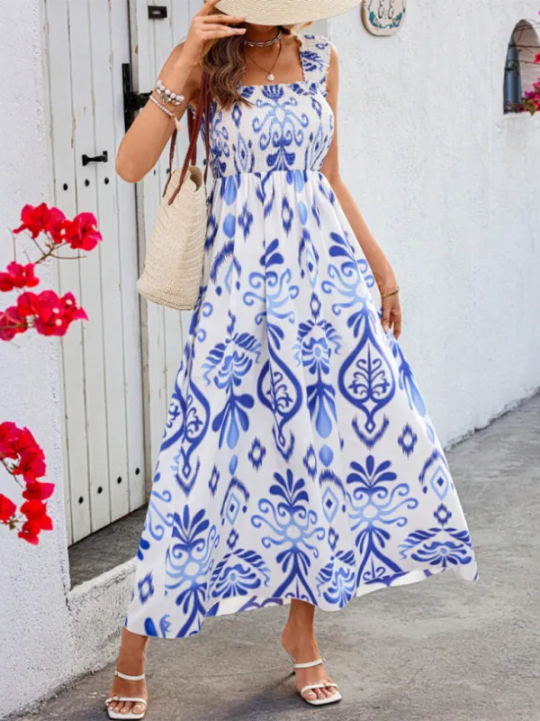 Geometric Print Maxi Dress with Smocked Bodice and Cross Front