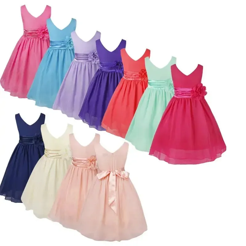 Girls Bridesmaid Dresses Teenage Birthday Party Tutu Sleeveless Dress Elegant Flower Princess Ball Gown for Kids Graduation Prom