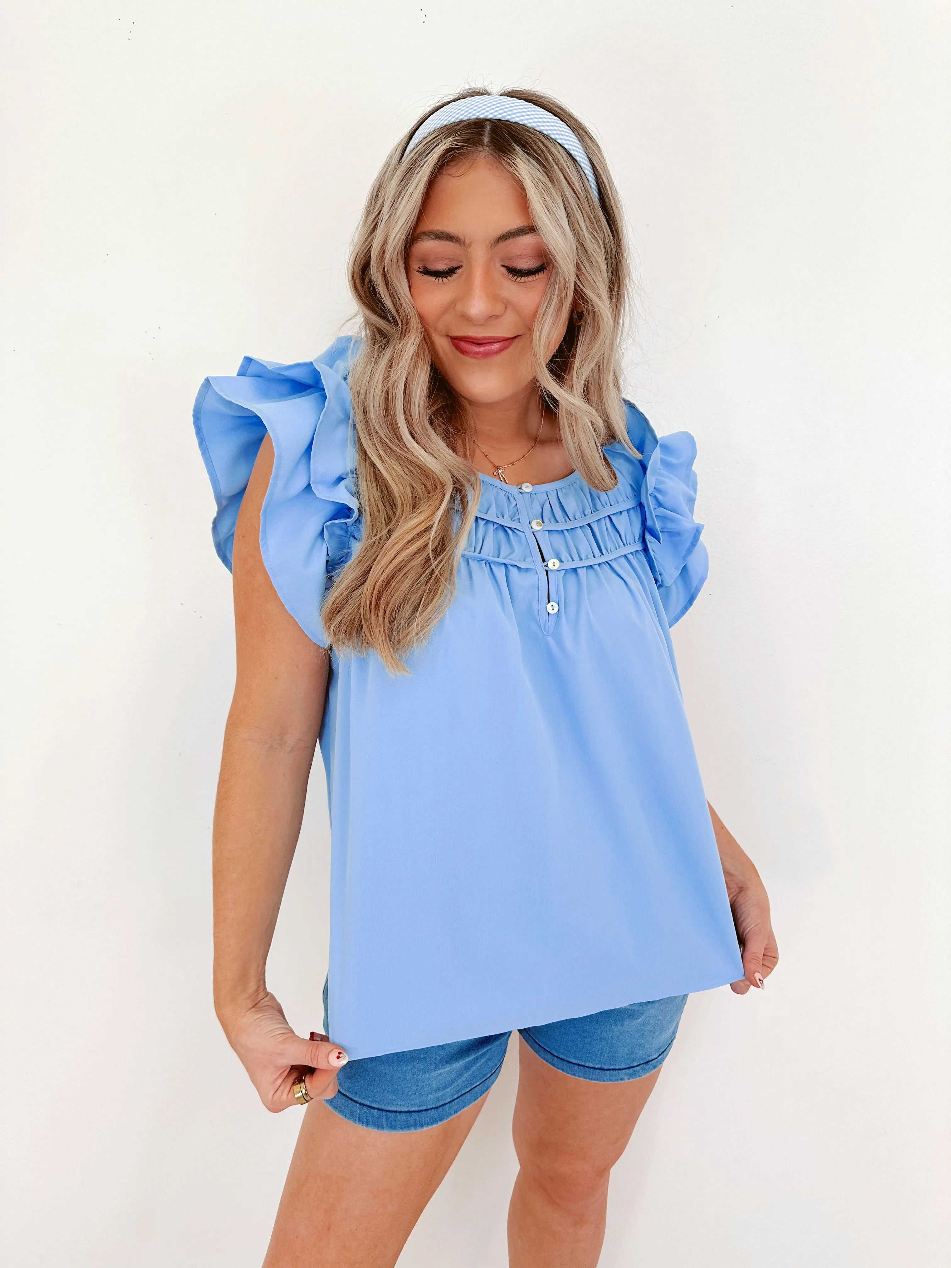 Girly Galore Ruffled Smocked Top -Blue