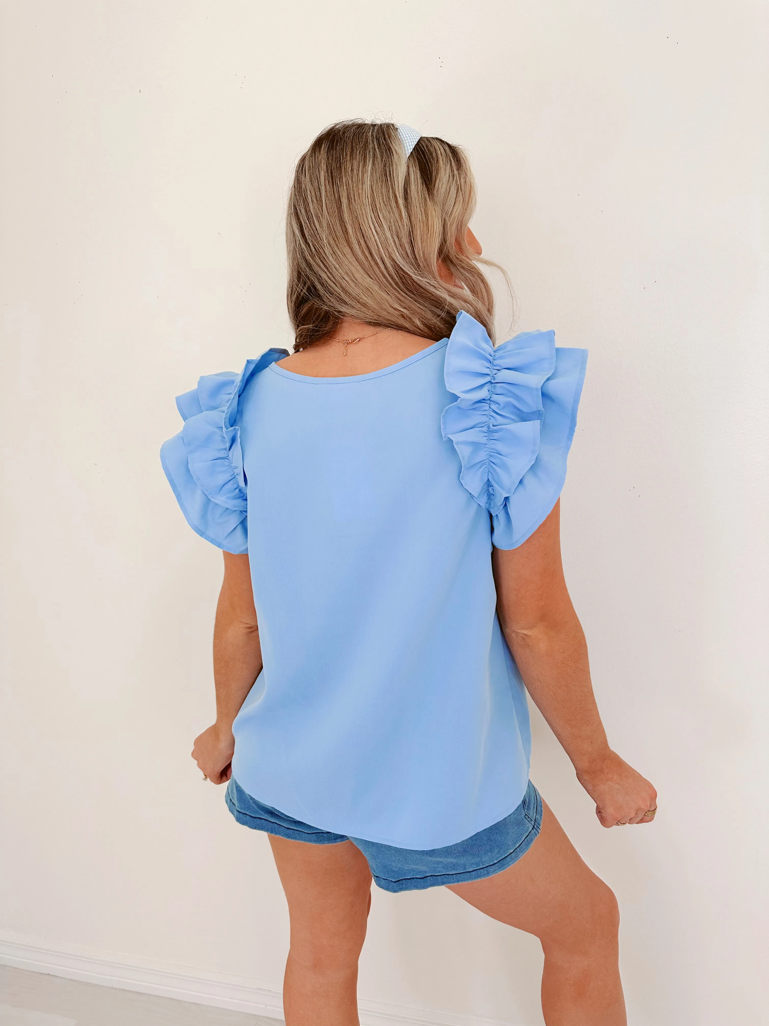 Girly Galore Ruffled Smocked Top -Blue