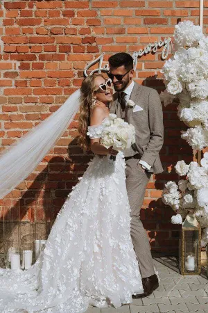 Gorgeous A-line Off-the-Shoulder 3D Flowers Beach Wedding Dresses, MW856