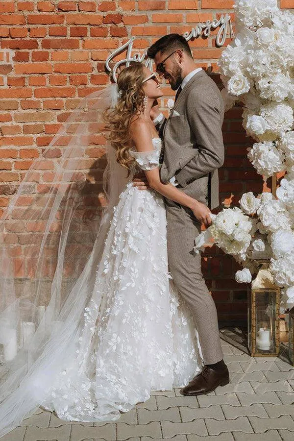 Gorgeous A-line Off-the-Shoulder 3D Flowers Beach Wedding Dresses, MW856