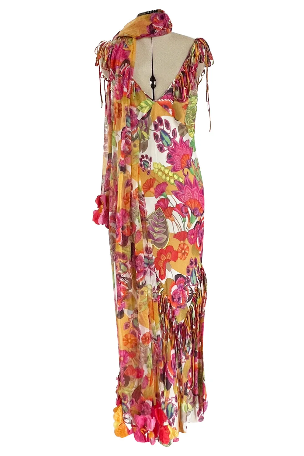 Gorgeous Spring 2005 Christian Dior by John Galliano Silk Print Dress w Flowered Edge Scarf