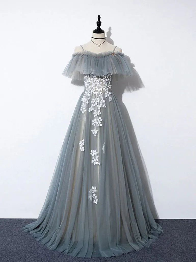 Gray blue tulle lace long prom dress, A line tulle long evening dress