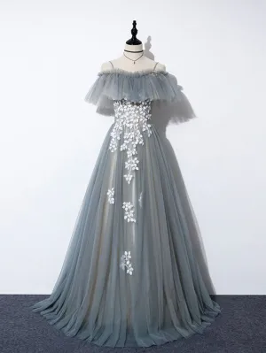 Gray blue tulle lace long prom dress, A line tulle long evening dress