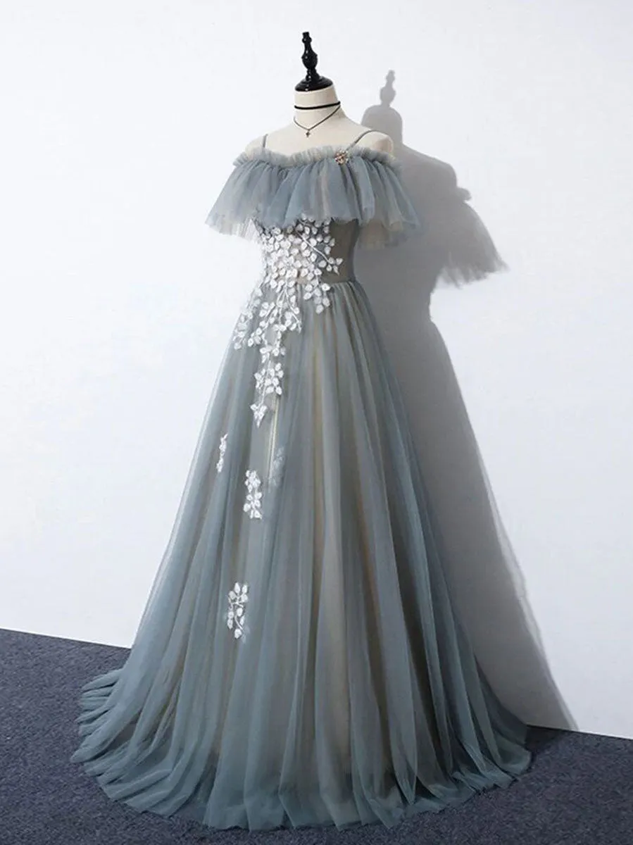 Gray blue tulle lace long prom dress, A line tulle long evening dress