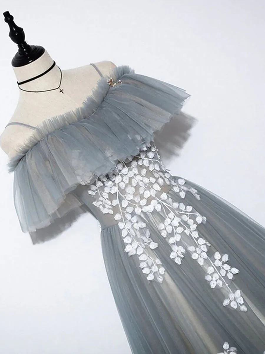 Gray blue tulle lace long prom dress, A line tulle long evening dress