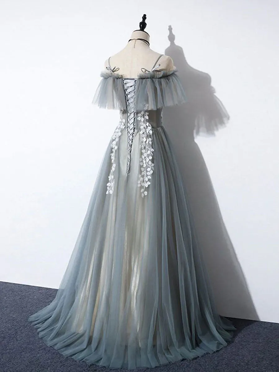 Gray blue tulle lace long prom dress, A line tulle long evening dress