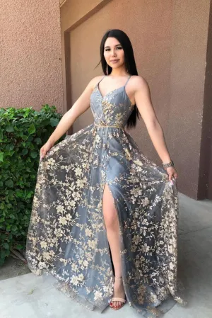 Gray v neck lace long prom dress gray blue evening dress