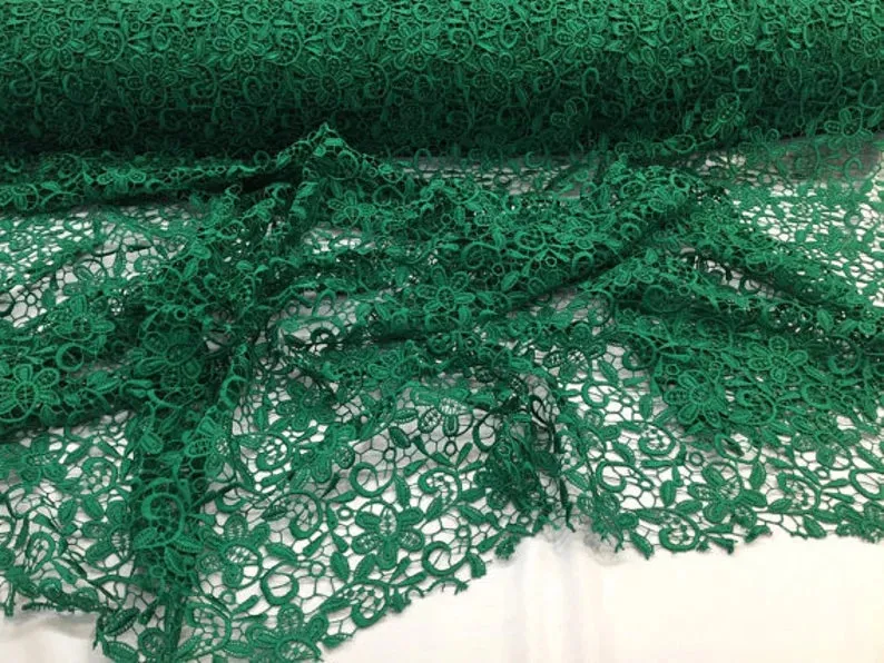 Green paisley flower guipure, wedding/bridal/prom/nightgown fabric. Sold by the yard.