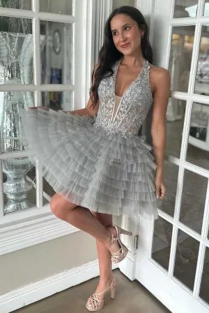 Halter Light Lace Appliques Ruffle Short Homecoming Dresses