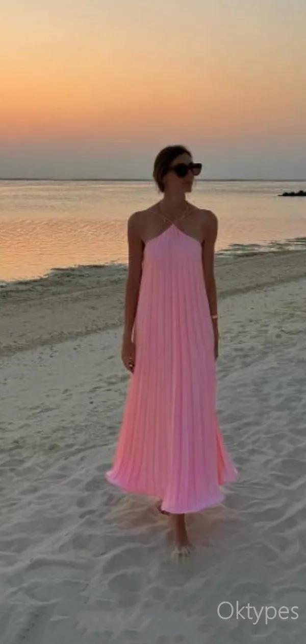 Halter Pink Ruffle Sexy Floor-Length Women Prom Dresses PDS1246
