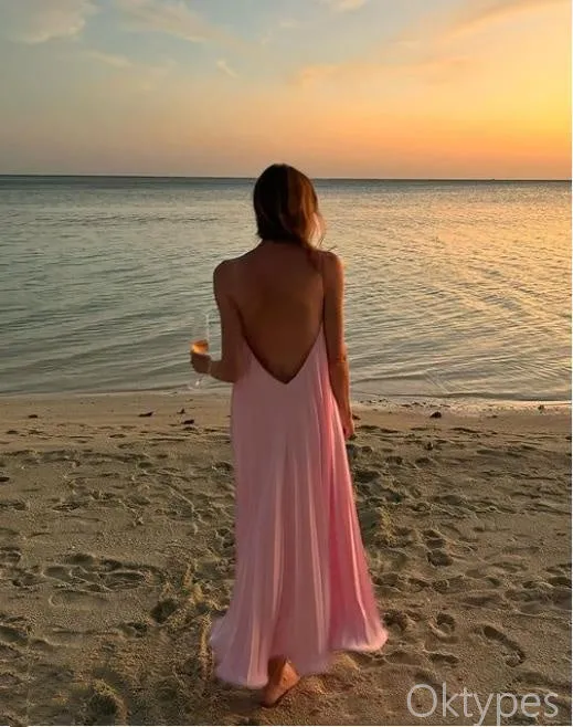 Halter Pink Ruffle Sexy Floor-Length Women Prom Dresses PDS1246
