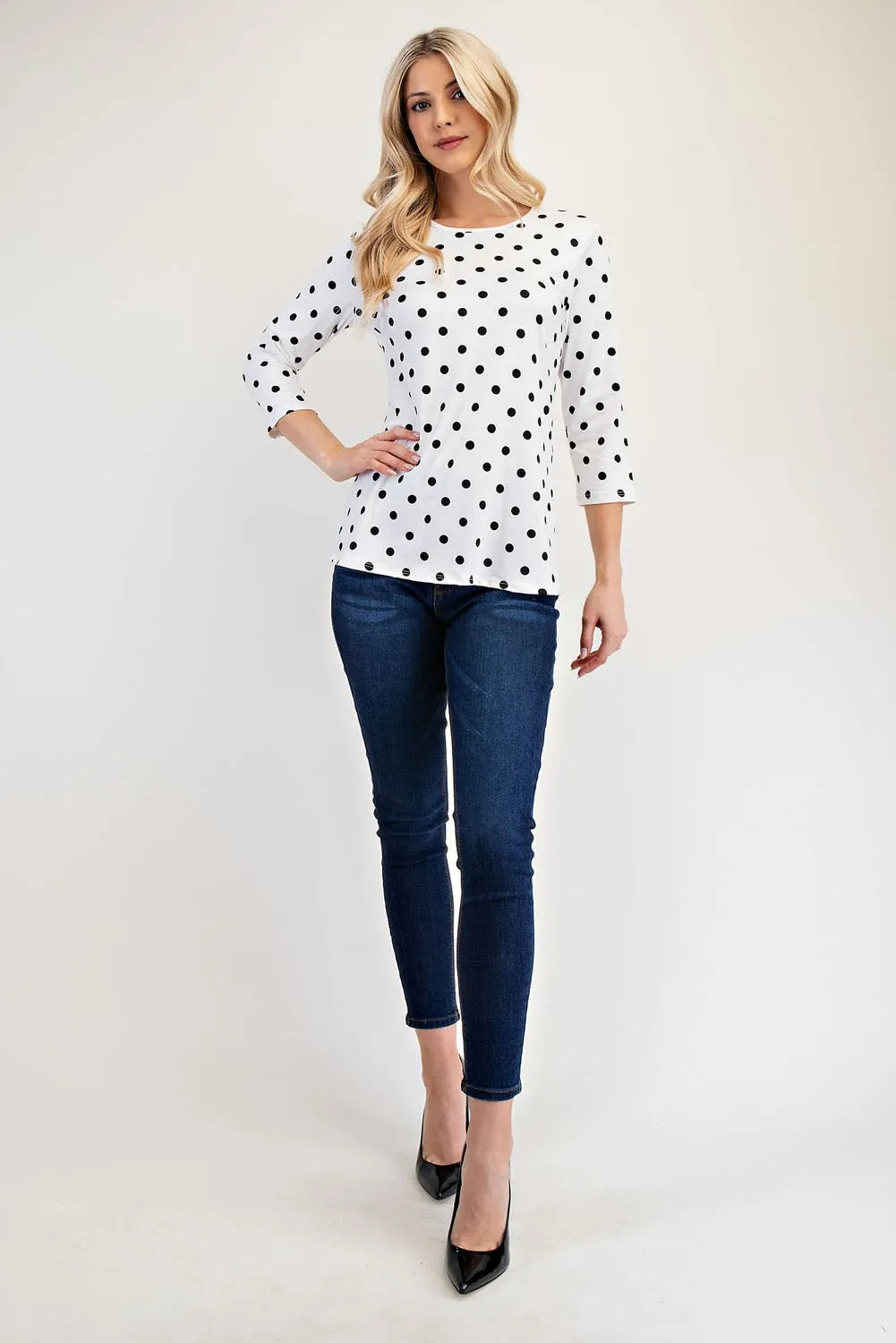 Hazel Blues® |  Celeste Polka Dot Round Neck Three-Quarter Sleeve T-Shirt