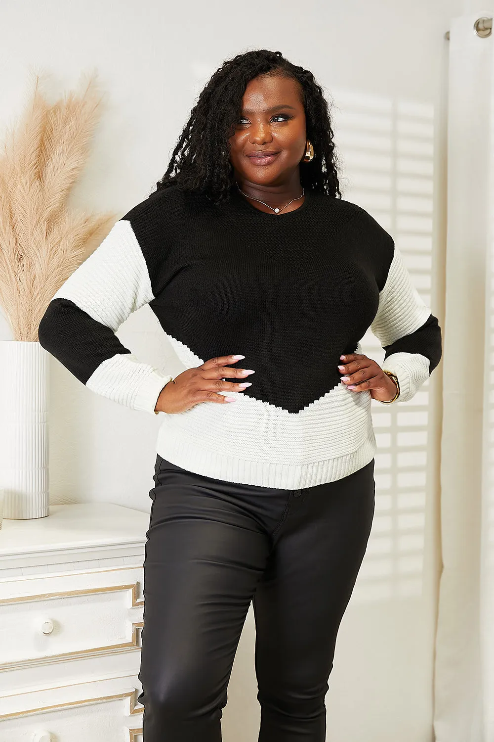 Hazel Blues® |  Double Take Two-Tone Openwork Rib-Knit Sweater