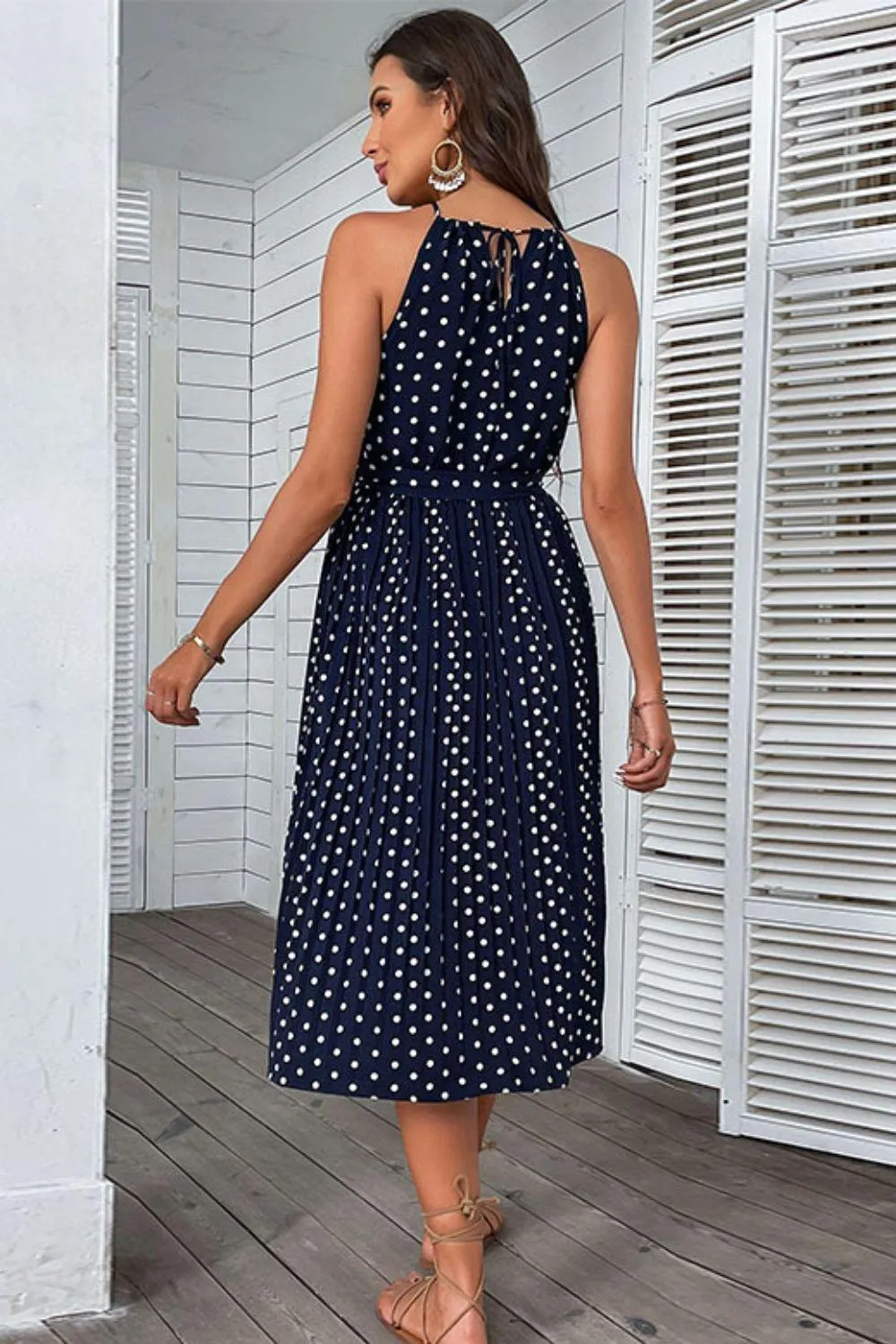Hazel Blues® | Polka Dot Tie-Waist Sleeveless Midi Dress