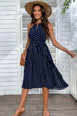 Hazel Blues® | Polka Dot Tie-Waist Sleeveless Midi Dress