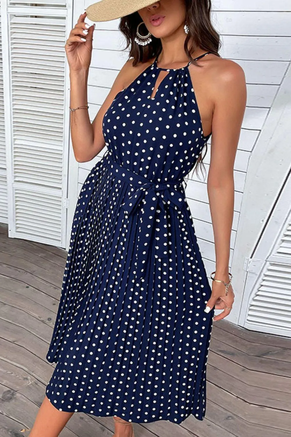 Hazel Blues® | Polka Dot Tie-Waist Sleeveless Midi Dress
