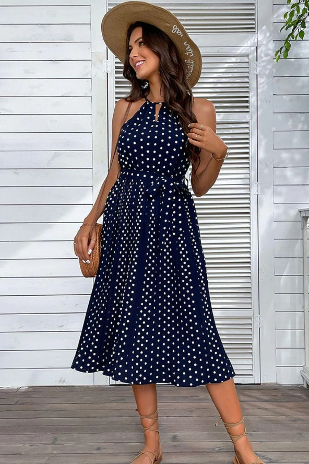 Hazel Blues® | Polka Dot Tie-Waist Sleeveless Midi Dress