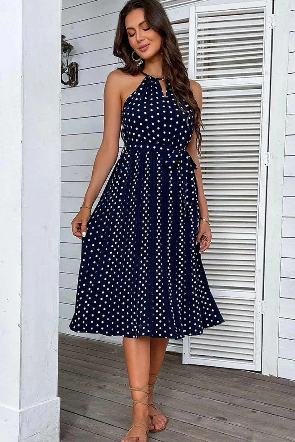 Hazel Blues® | Polka Dot Tie-Waist Sleeveless Midi Dress