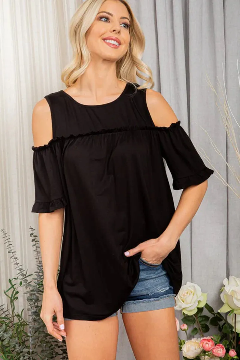 Heimish Full Size Frill round Neck Cold Shoulder T-Shirt plus Size