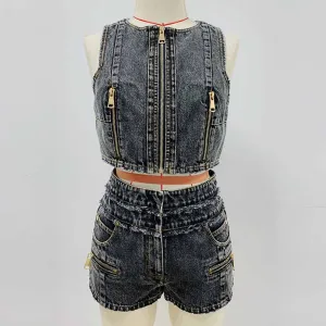 High-Waisted Faded Denim Tank Top   Shorts Suit