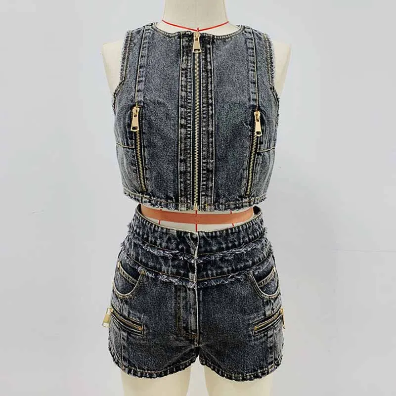 High-Waisted Faded Denim Tank Top   Shorts Suit