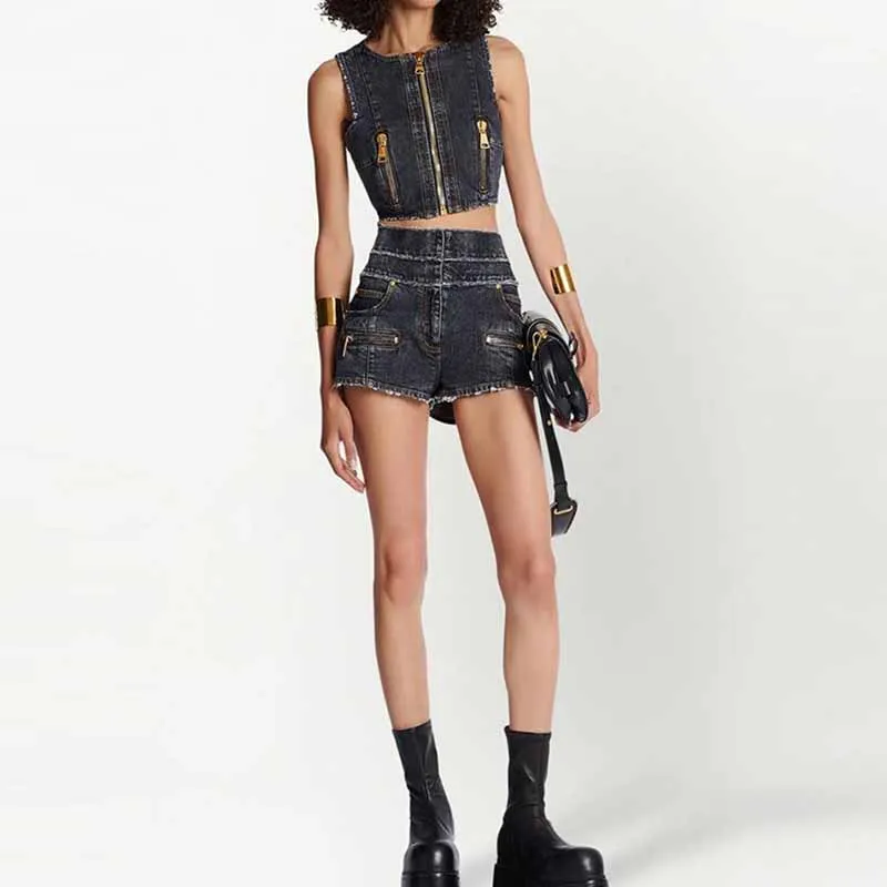 High-Waisted Faded Denim Tank Top   Shorts Suit