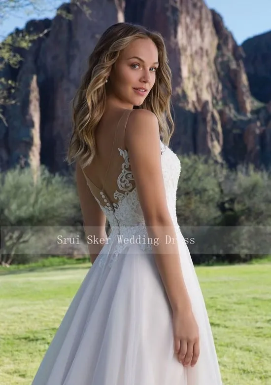Hot Tulle Wedding Dress A-Line Gown with Scoop Lace Neckline Sleeveless Bridal Gowns V-Back