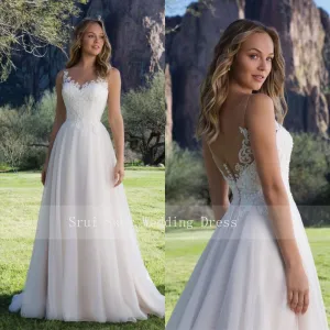 Hot Tulle Wedding Dress A-Line Gown with Scoop Lace Neckline Sleeveless Bridal Gowns V-Back