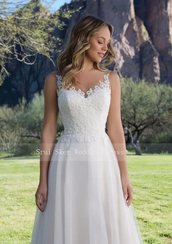 Hot Tulle Wedding Dress A-Line Gown with Scoop Lace Neckline Sleeveless Bridal Gowns V-Back