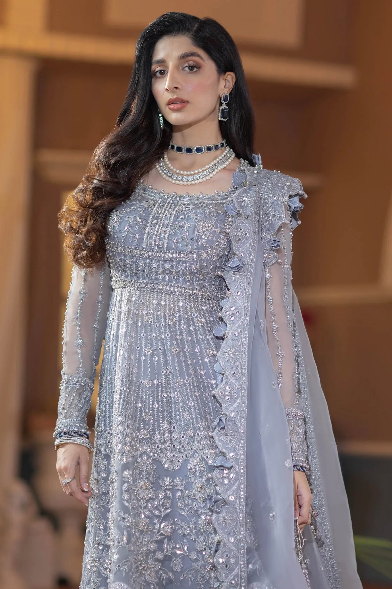 Ice Blue Embellished Pakistani Wedding Dress in Kalidar Pishwas Style