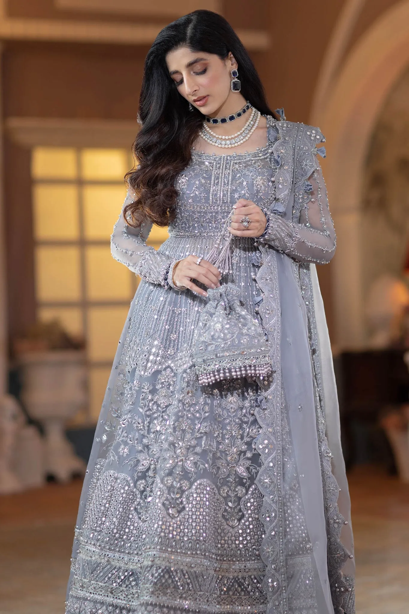 Ice Blue Embellished Pakistani Wedding Dress in Kalidar Pishwas Style