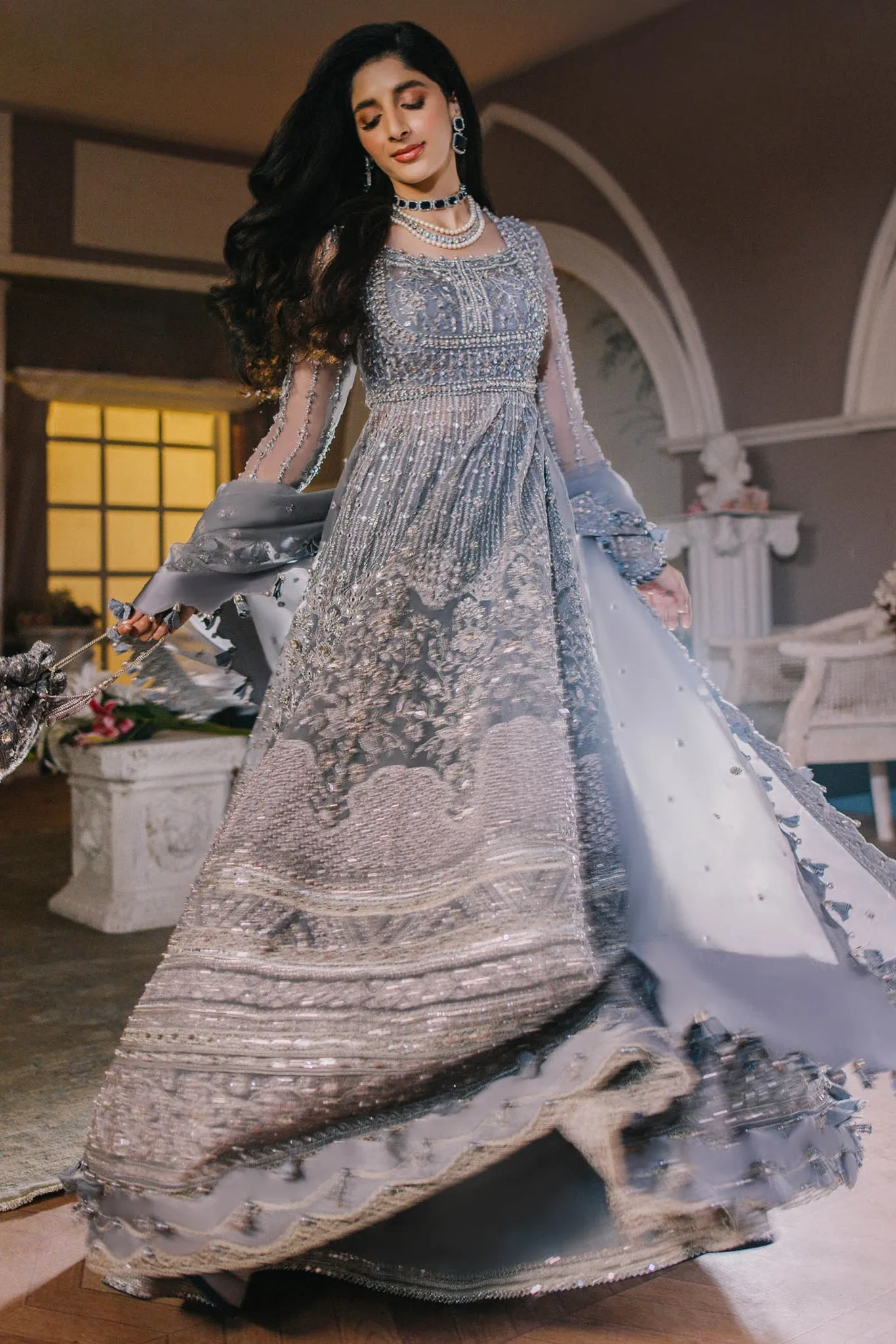 Ice Blue Embellished Pakistani Wedding Dress in Kalidar Pishwas Style