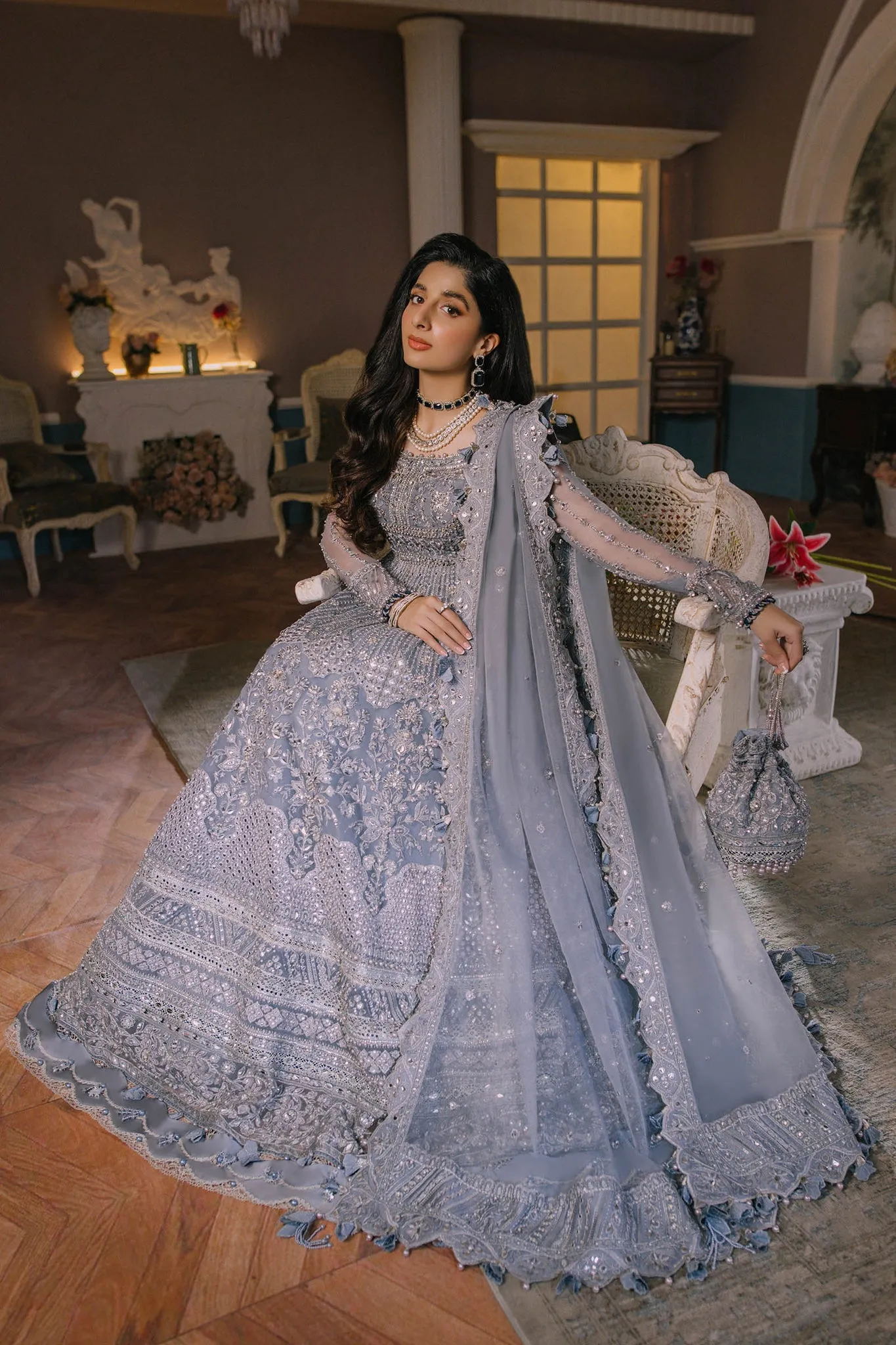 Ice Blue Embellished Pakistani Wedding Dress in Kalidar Pishwas Style