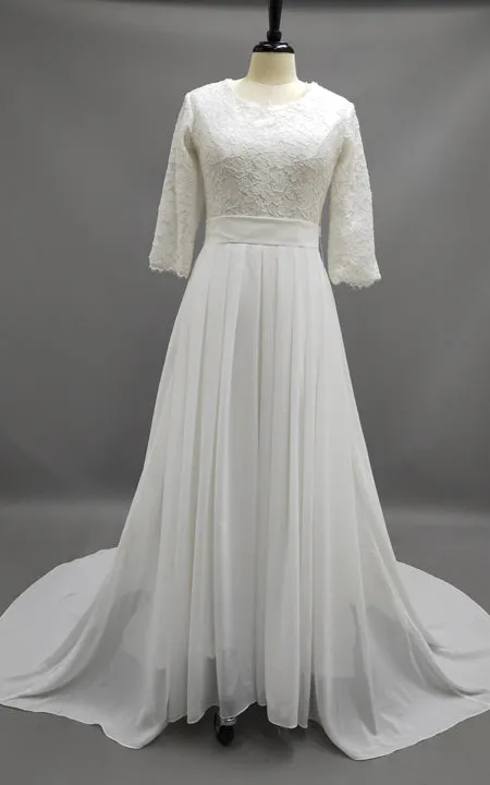 Informal Modest Beach Scoop Neck Lace Chiffon Wedding Dress With 3-4 Sleeves-715366