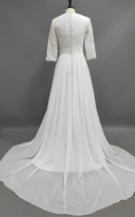 Informal Modest Beach Scoop Neck Lace Chiffon Wedding Dress With 3-4 Sleeves-715366