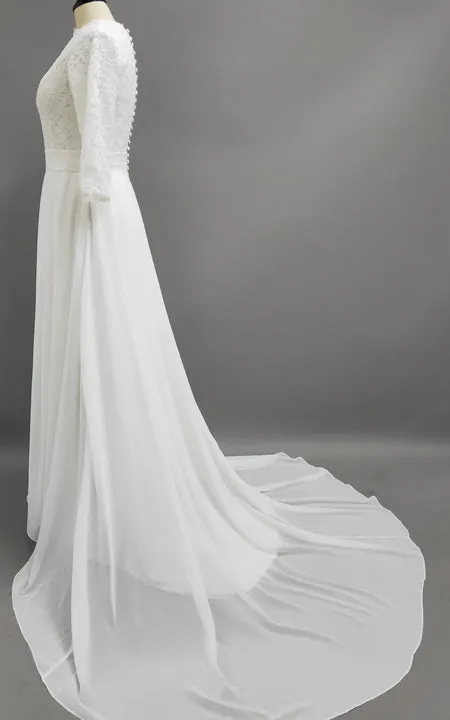Informal Modest Beach Scoop Neck Lace Chiffon Wedding Dress With 3-4 Sleeves-715366
