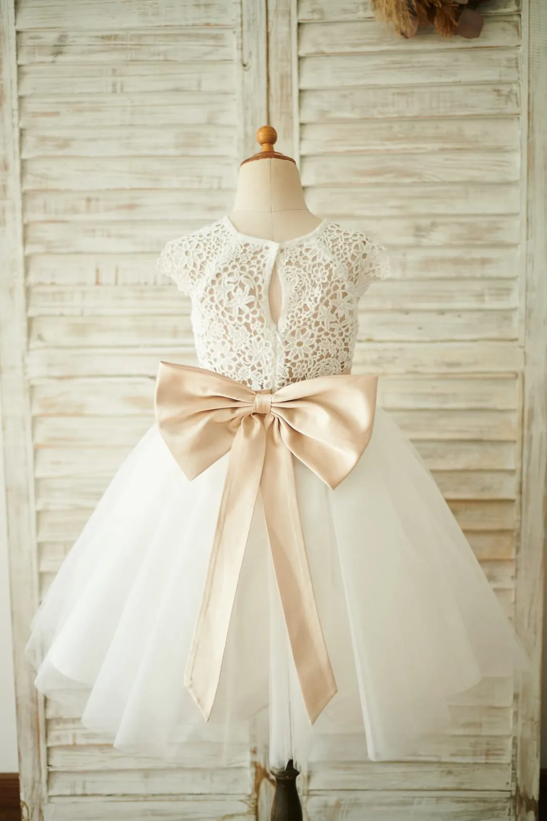 Ivory Lace Tulle Cap Sleeves Wedding Flower Girl Dress, Bow