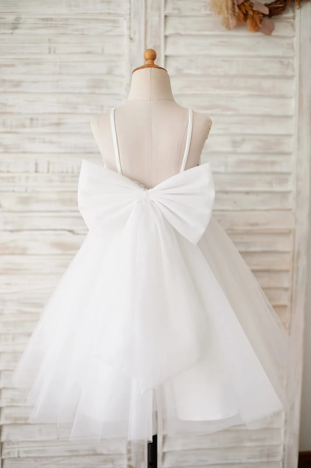 Ivory Lace Tulle Spaghetti Straps Wedding Flower Girl Dress, Bow