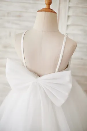 Ivory Lace Tulle Spaghetti Straps Wedding Flower Girl Dress, Bow