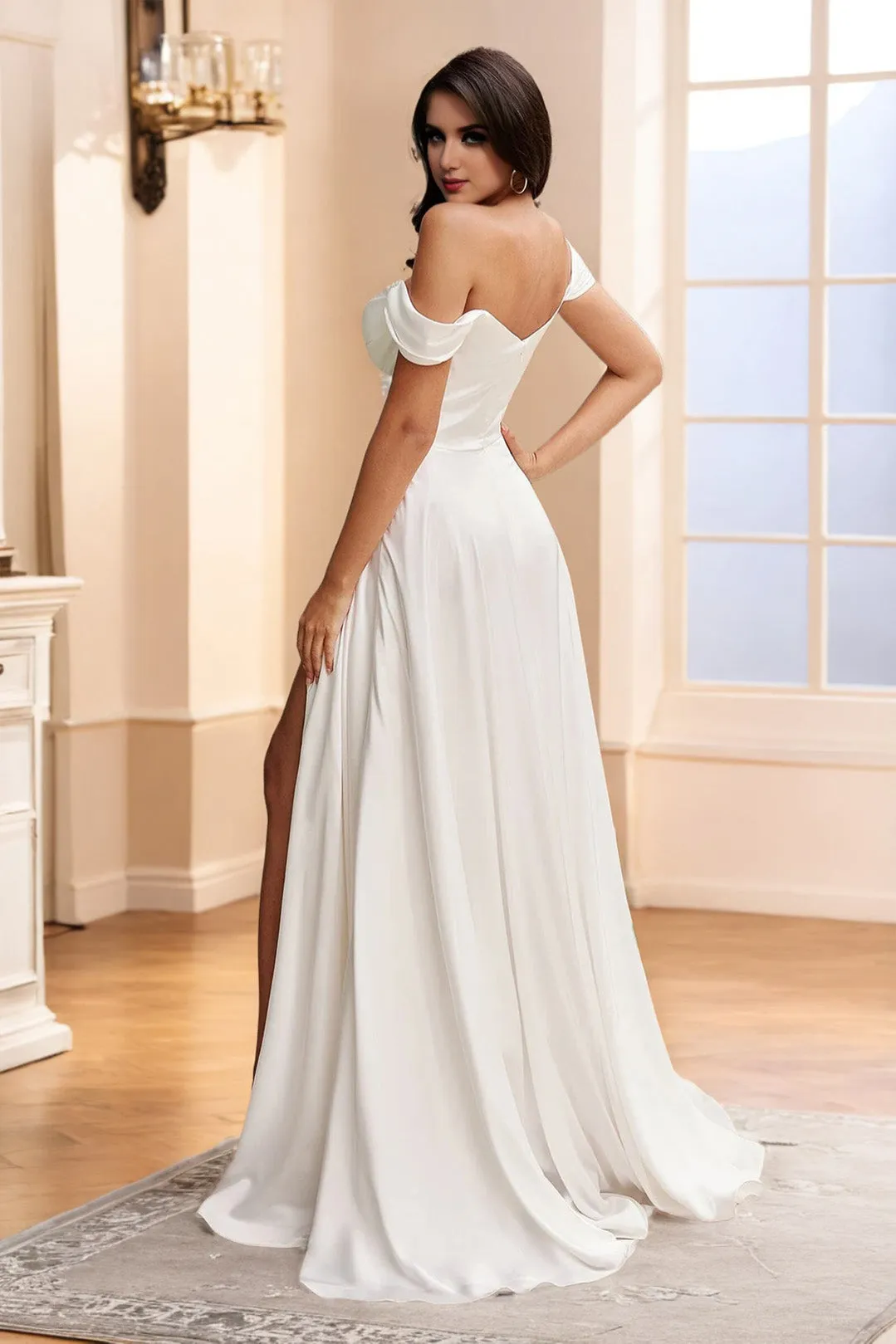 Ivory Minimalist Off The Shoulder Chiffon Wedding Dresses