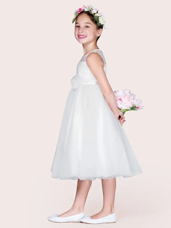 Ivory Tulle Jewel Neck Sleeveless A-Line Beaded Kids Social Party Dresses